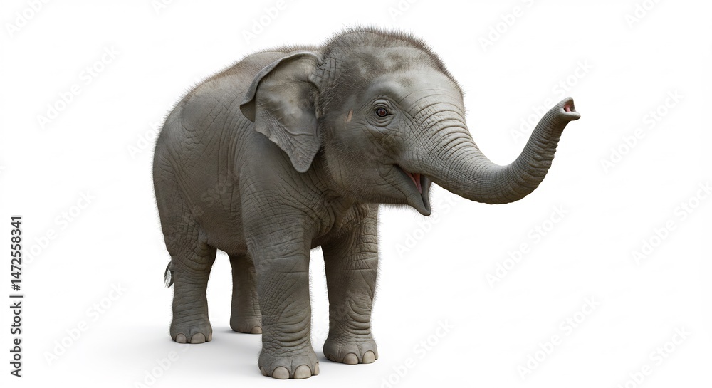 Fototapeta premium Playful baby elephant joyfully trumpets against bright white background. AI Generated