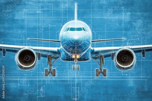 A detailed blueprint of an airplane is shown, featuring its structural design and engineering specifications, in this image