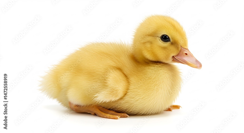 Adorable fluffy duckling sits peacefully against bright white background. AI Generated Adorable fluffy duckling sits peacefully against bright white background. AI Generated