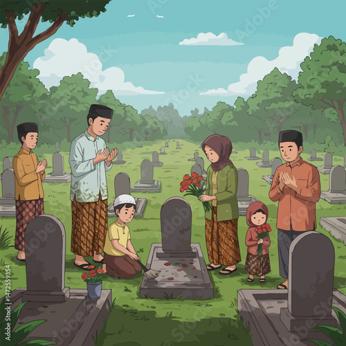 Family Visit Grave in Cemetery, Praying and Leaving Flowers