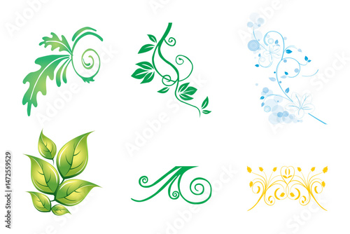 Nature Elements Design Set: This set of six vector illustrations features stylized leaves and vines in vibrant green, blue, and yellow hues.