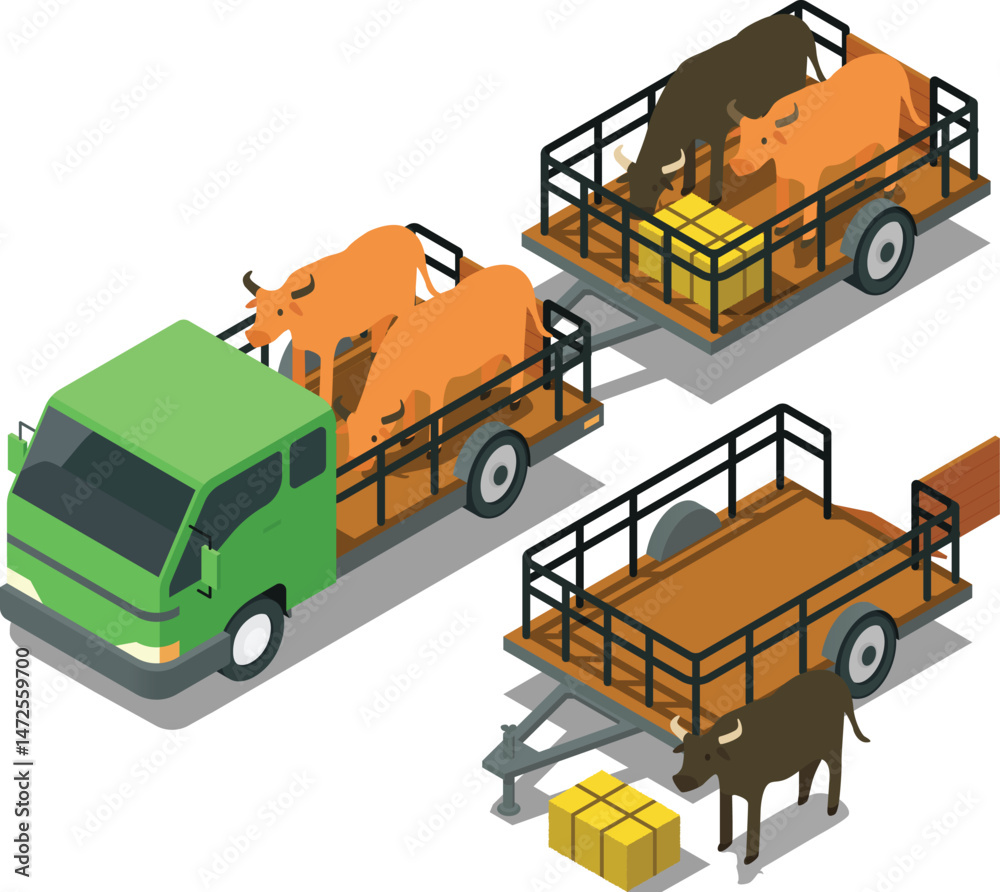 Fototapeta premium Isometric farm truck trailer carrying cows on a trailer cage