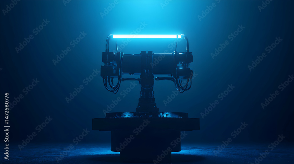 Fototapeta premium Futuristic device illuminated by blue light in a dark environment.