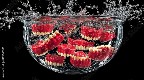 Colorful novelty teeth splashing in a clear bowl of water
