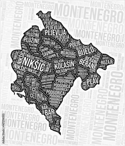Montenegro regions map word cloud. Montenegro region names. Black and white map design. Creative vector illustration.