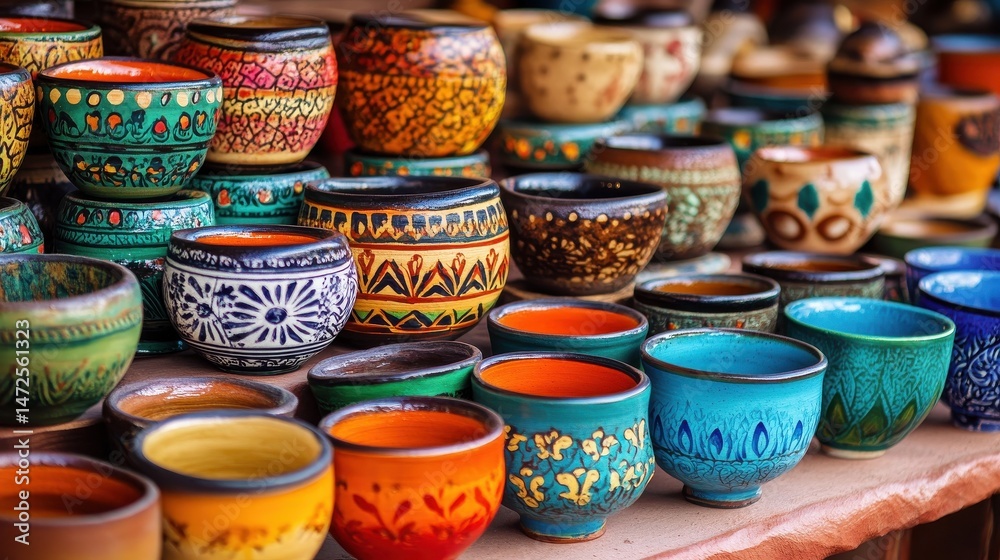 Fototapeta premium variety of handcrafted pottery displayed at local craft fair, showcasing artisans creativity and skill. vibrant colors and unique designs attract visitors