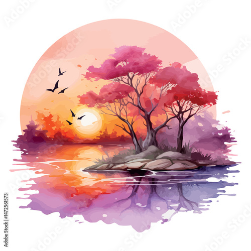 A dark silhouette of a tree stands against the moonlight in a night landscape where the sunset's last light touches the water and the distant forest under the starry sky