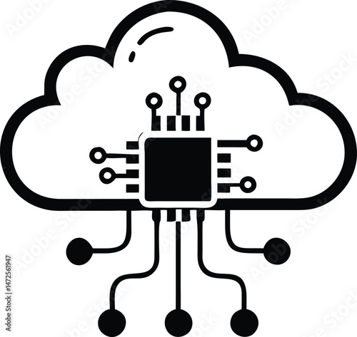 Black ai microchip silhouette with cloud icon connected vector illustration