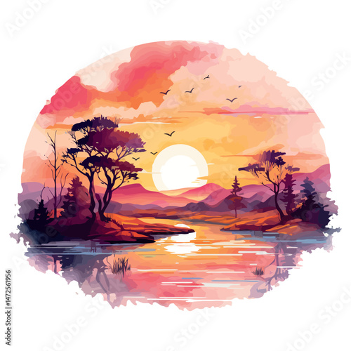 A dark silhouette of a tree stands against the moonlight in a night landscape where the sunset's last light touches the water and the distant forest under the starry sky