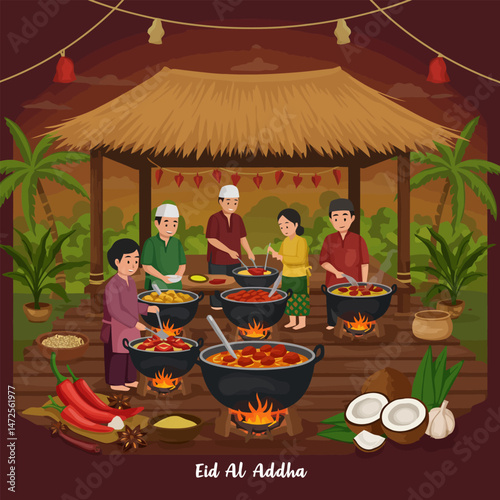 People Preparing Food in Outdoor Kitchen Setting with Tropical Elements