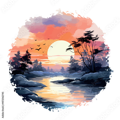 A dark silhouette of a tree stands against the moonlight in a night landscape where the sunset's last light touches the water and the distant forest under the starry sky