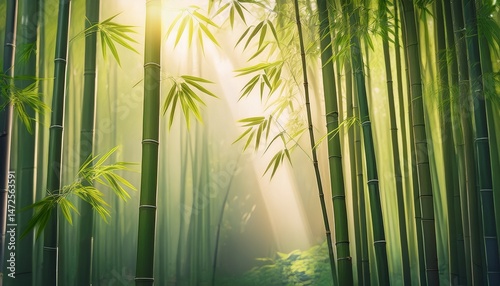 minimalist bamboo forest with swaying stalks and soft sunlight filtering through leaves