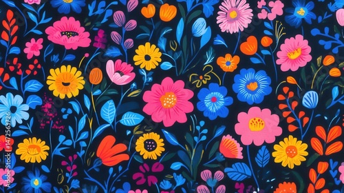 Vibrant Floral Pattern with Colorful Flowers and Dark Background