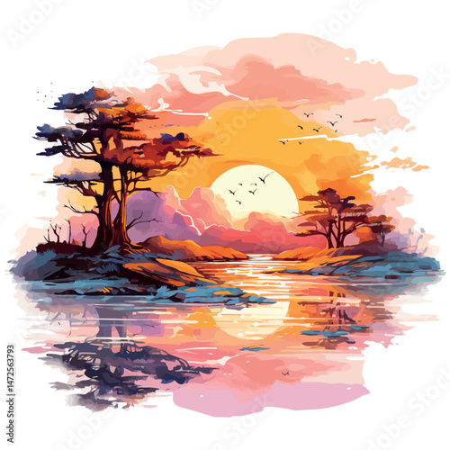 A dark silhouette of a tree stands against the moonlight in a night landscape where the sunset's last light touches the water and the distant forest under the starry sky