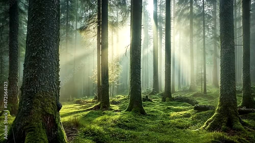 Sunbeams pierce through mist among tall trees in a lush, moss-covered ancient forest, creating an ethereal atmosphere