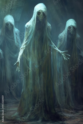 Illustration of veiled skeletal figures in catacomb. Eerie atmosphere of death and mystery.