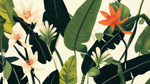Vibrant Tropical Floral Pattern with Leaves and Exotic Flowers