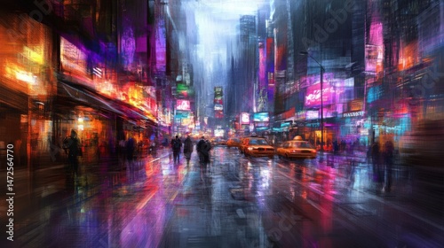 Vibrant Urban Cityscape at Night with Neon Lights and Reflections