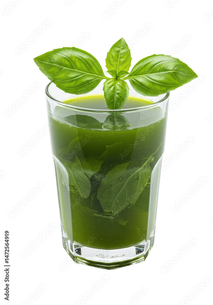 Refreshing green drink with basil leaves in a glass, healthy and natural beverage Refreshing green drink with basil leaves in a glass, healthy and natural beverage