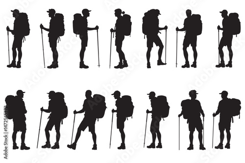 Male hiker set silhouette vector on White Background.