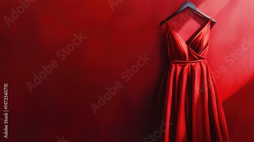 Crimson Elegance: A striking red dress hangs gracefully, its vivid color contrasting against a pristine background, evoking a sense of sophistication and allure.