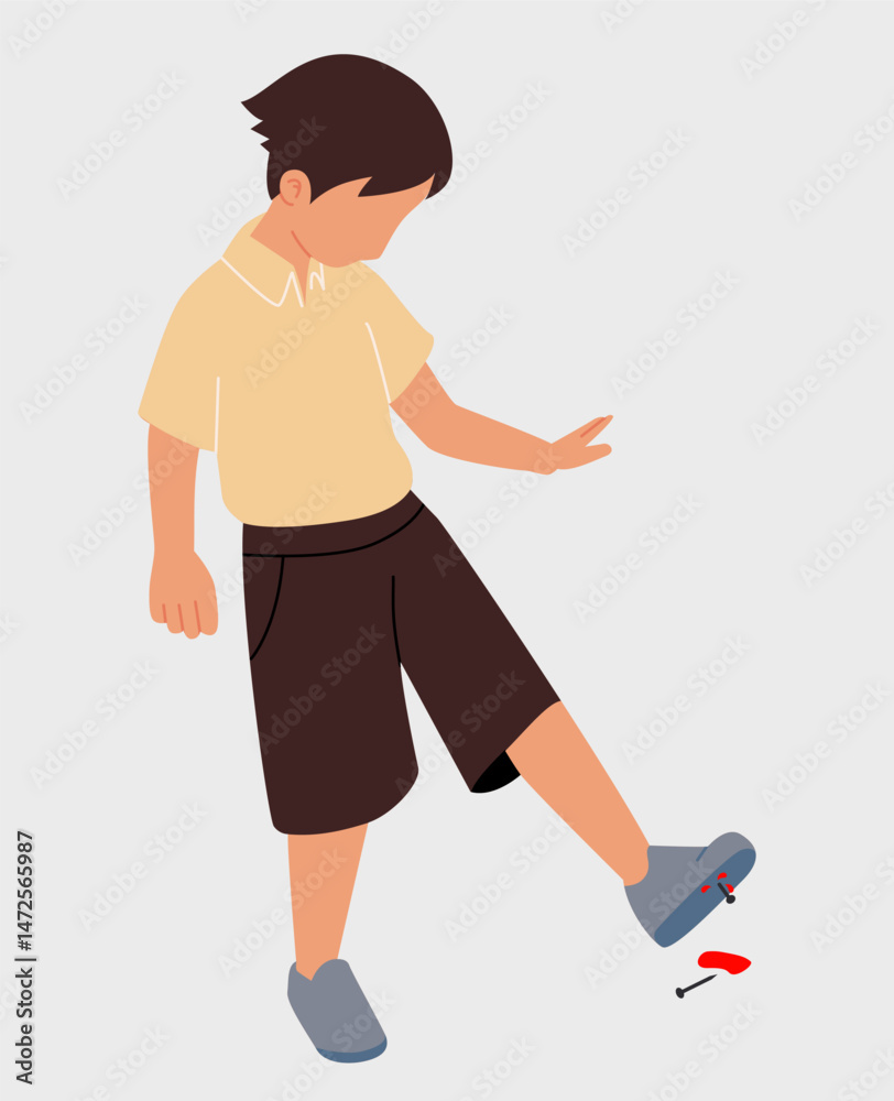 The boy's feet was punctured by a nail and is bleeding