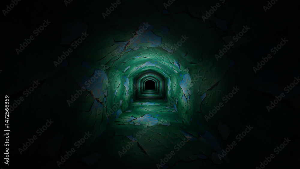 Obraz premium dark gloomy corridor going into the distance covered with old green paint with cracks. 3d render illustration