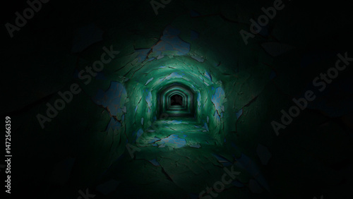 dark gloomy corridor going into the distance covered with old green paint with cracks. 3d render illustration