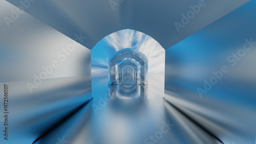 abstract background glossy rows of arches going into the distance against the blue sky. 3d render illustration