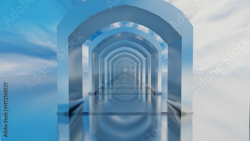 abstract background glossy rows of arches going into the distance against the blue sky. 3d render illustration