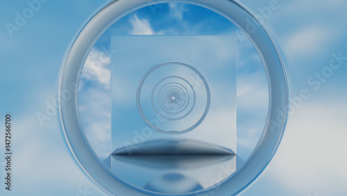abstract background glossy rows of rectangles with a round hole going into the distance against the blue sky. 3d render illustration
