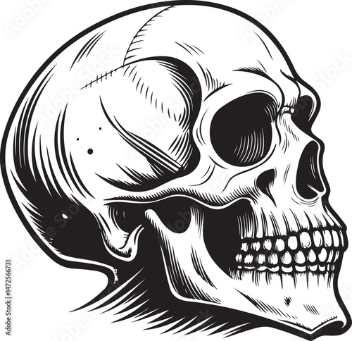 Human Skull Tattoo, Black and White Vector Illustration, Sketch Drawing Line Linear Symbol Icon Engraving, Hand-drawn Isolated