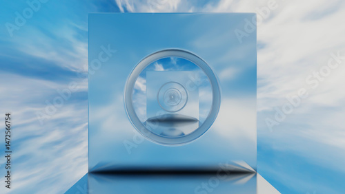 abstract background glossy rows of rectangles with a round hole going into the distance against the blue sky. 3d render illustration