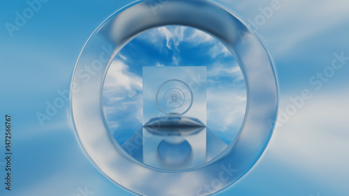 abstract background glossy rows of rectangles with a round hole going into the distance against the blue sky. 3d render illustration