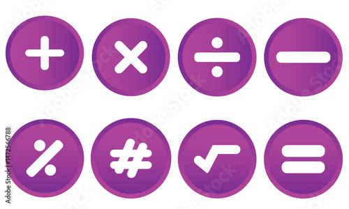 Math symbols set. Colored glossy buttons with mathematical sign with drop shadow. Plus and minuse marks, multiplication and division marks. Math symbols, Mathematical calculations. Isolated vector.
