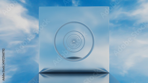 abstract background glossy rows of rectangles with a round hole going into the distance against the blue sky. 3d render illustration