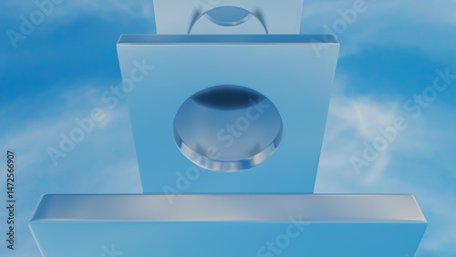 abstract background glossy rows of rectangles with a round hole going into the distance against the blue sky. 3d render illustration