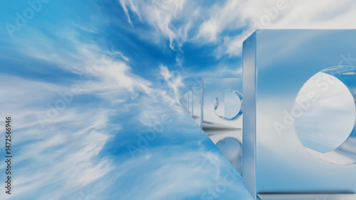 abstract background glossy rows of rectangles with a round hole going into the distance against the blue sky. 3d render illustration