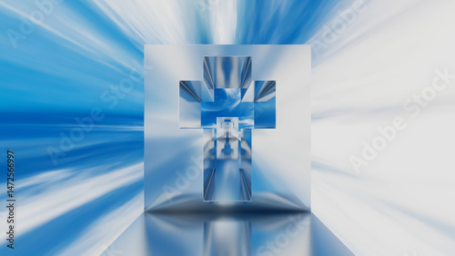 abstract background glossy rows of rectangles with a cross-shaped hole going into the distance against the blue sky. 3d render illustration