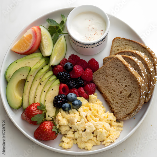 A healthy breakfast meal with fresh fruits, curd ,tea