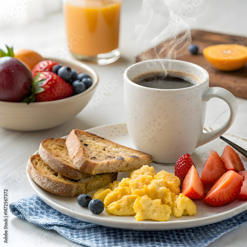A healthy breakfast meal with fresh fruits, curd ,tea