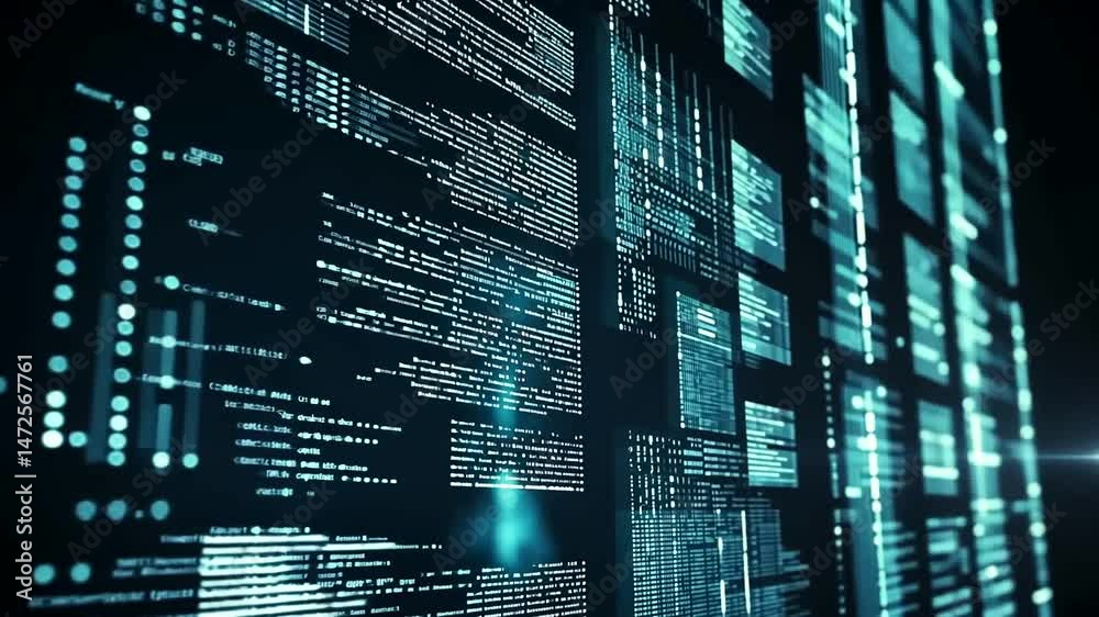 Glowing lines of code and data cascade across multiple digital screens, creating a futuristic technological interface