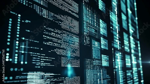 Glowing lines of code and data cascade across multiple digital screens, creating a futuristic technological interface