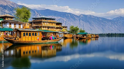 Scenic view of Dal Lake and houseboats in Kashmir.