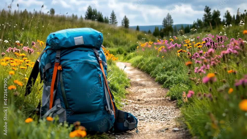 Hiking backpack on a mountain trail with wildflowers