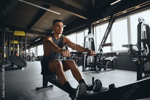 Handsome male practicing on rowing machine in modern gym. Athletic young man working out on rowing machine at fitness center. Weight reduction and cardio workout concept