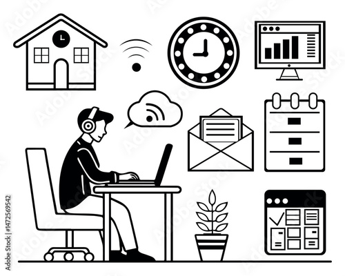 Man working from home with laptop surrounded by digital business icons