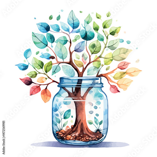 Isolated green tree in a transparent glass jar, a unique object with a lid, possibly containing water