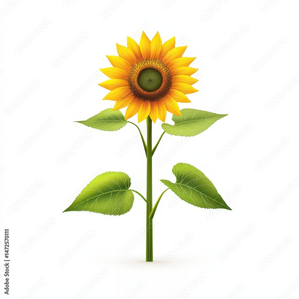 Obraz premium A bright yellow sunflower with green leaves stands against a plain white background.