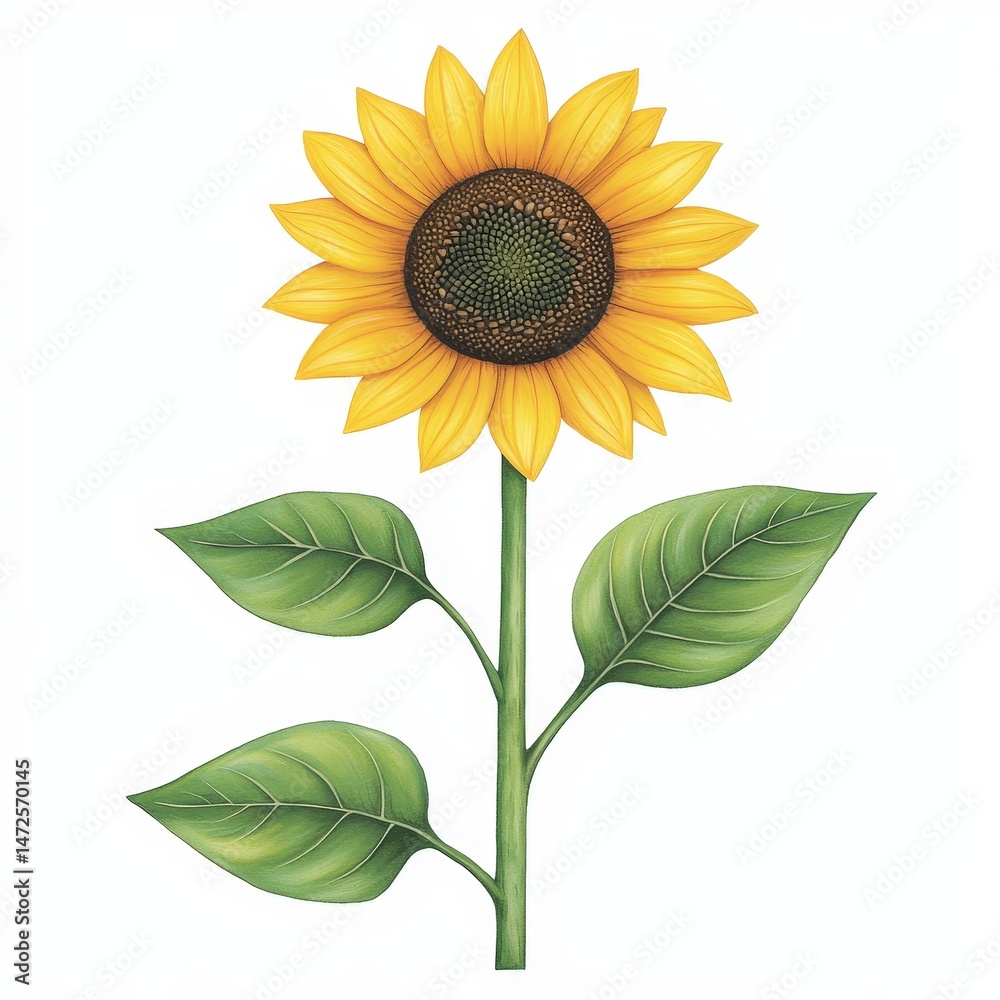 Naklejka premium A bright yellow sunflower with green leaves and a brown center on a white background.
